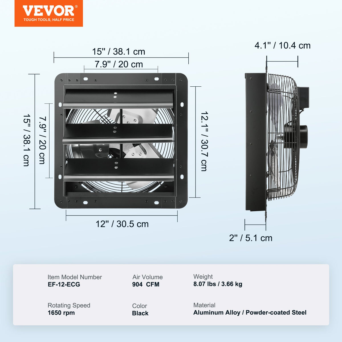VEVOR žalūziju izplūdes ventilators, sienas montāžas, 305 mm, tālvadības pults, EC motors