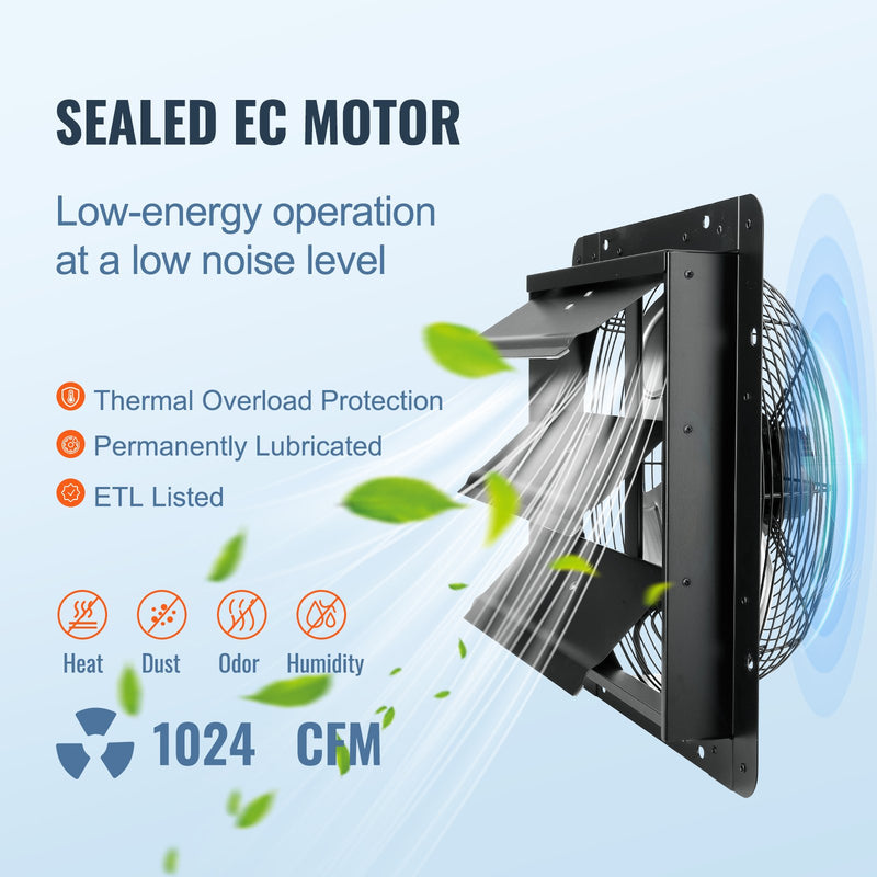 VEVOR Aizvaru Izplūdes Ventilators, Veikala Izplūdes Ventilators 356 mm Ar Tālvadības Kontroli, Sienā Uzstādāms EC