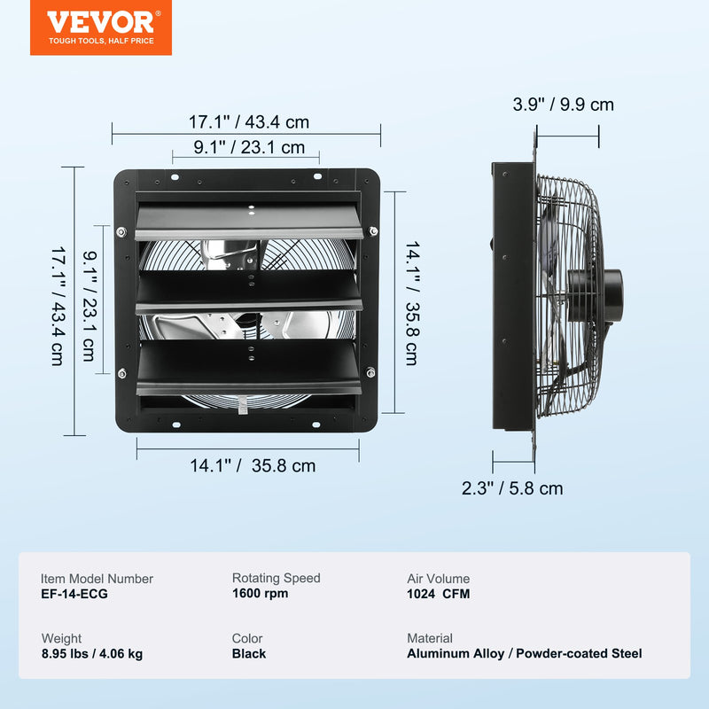 VEVOR Aizvaru Izplūdes Ventilators, Veikala Izplūdes Ventilators 356 mm Ar Tālvadības Kontroli, Sienā Uzstādāms EC