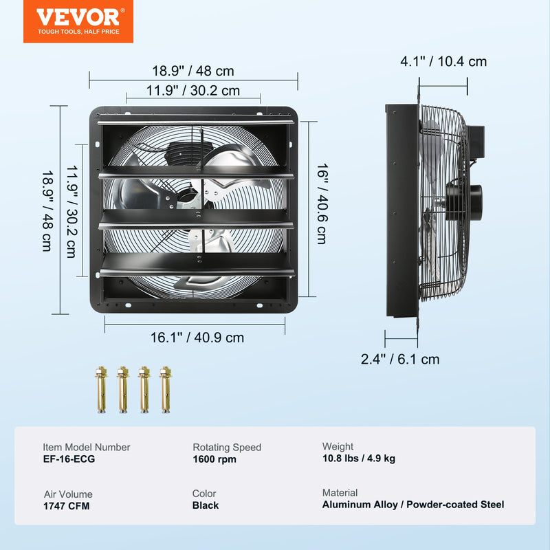 VEVOR Aizvaru Izplūdes Ventilators, Veikala Izplūdes Ventilators 406 mm Ar Tālvadības Kontroli, Sienā Uzstādāms EC