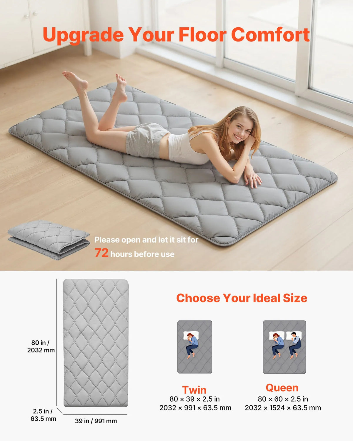 VEVOR salokāms japāņu tatami futona matracis Twin izmērs 2032 x 991 x 63,5 mm pelēkā krāsā ar uzglabāšanas somu un stiprinājumiem, 9 slāņu grīdas matracis gulēšanai, meditācijai un jogai - ZEMLETES.LV