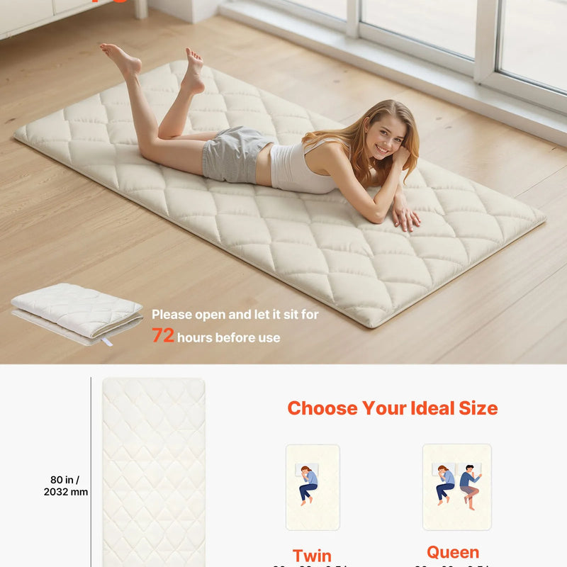 VEVOR japāņu tatami matracis 2032 × 991 × 63,5 mm, salokāms futona matracis ar uzglabāšanas somu un stiprinājumu, 9 slāņu grīdas matracis gulēšanai, kopmītnei, meditācijai un jogai, balts - ZEMLETES.LV