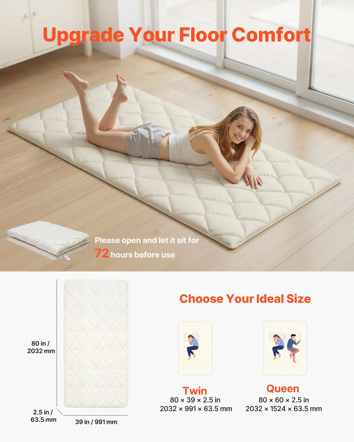 VEVOR japāņu tatami matracis 2032 × 991 × 63,5 mm, salokāms futona matracis ar uzglabāšanas somu un stiprinājumu, 9 slāņu grīdas matracis gulēšanai, kopmītnei, meditācijai un jogai, balts - ZEMLETES.LV