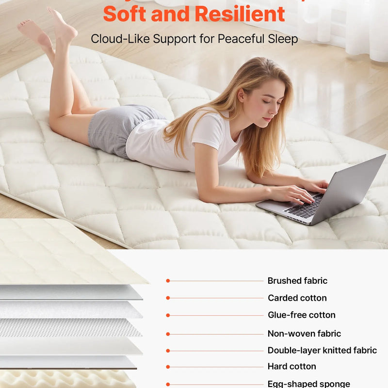 VEVOR japāņu tatami matracis 2032 × 991 × 63,5 mm, salokāms futona matracis ar uzglabāšanas somu un stiprinājumu, 9 slāņu grīdas matracis gulēšanai, kopmītnei, meditācijai un jogai, balts - ZEMLETES.LV