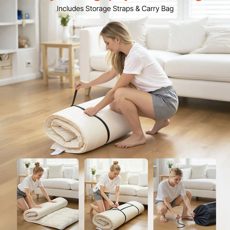 VEVOR japāņu tatami matracis 2032 × 991 × 63,5 mm, salokāms futona matracis ar uzglabāšanas somu un stiprinājumu, 9 slāņu grīdas matracis gulēšanai, kopmītnei, meditācijai un jogai, balts - ZEMLETES.LV