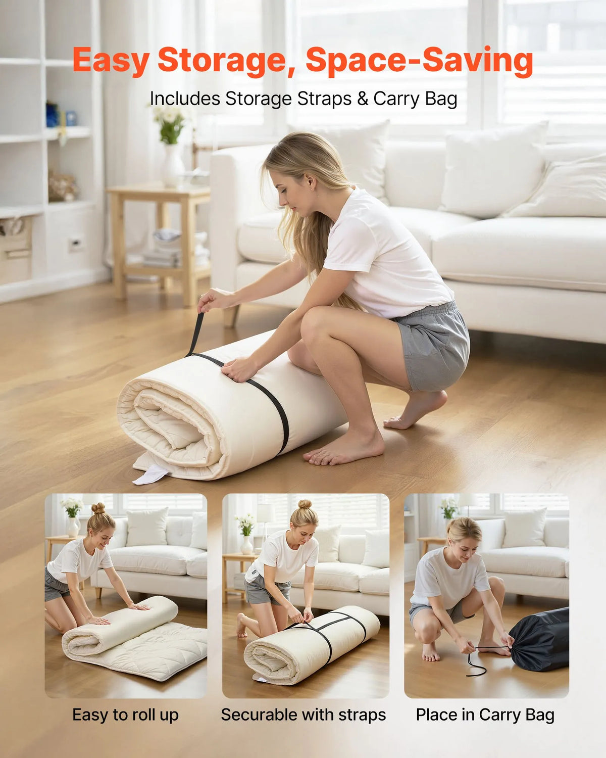 VEVOR japāņu tatami matracis 2032 × 991 × 63,5 mm, salokāms futona matracis ar uzglabāšanas somu un stiprinājumu, 9 slāņu grīdas matracis gulēšanai, kopmītnei, meditācijai un jogai, balts - ZEMLETES.LV