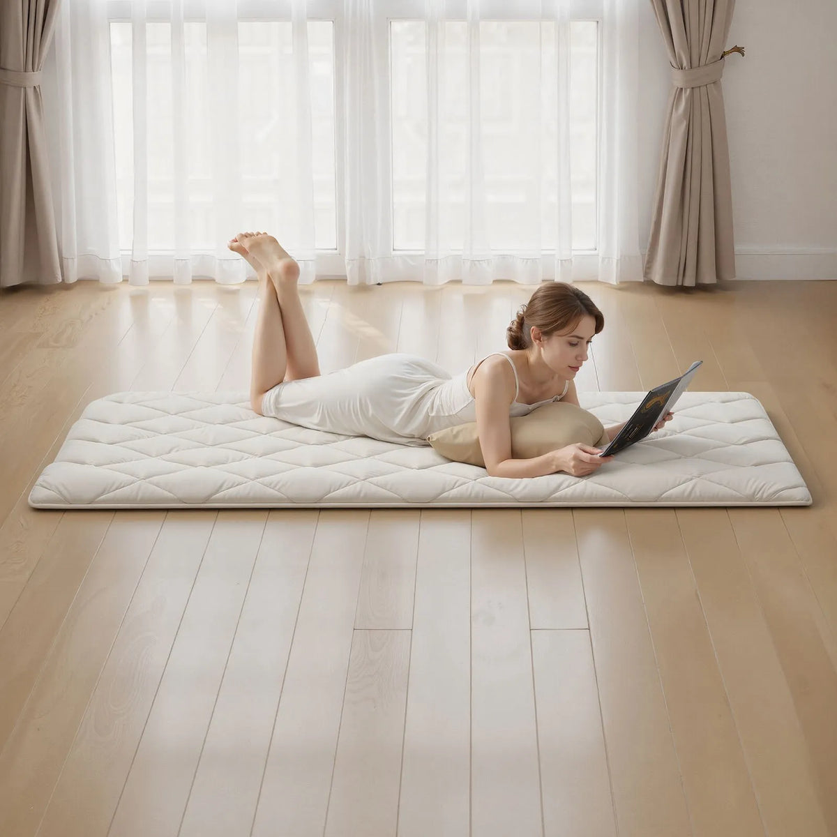 VEVOR japāņu tatami matracis 2032 × 991 × 63,5 mm, salokāms futona matracis ar uzglabāšanas somu un stiprinājumu, 9 slāņu grīdas matracis gulēšanai, kopmītnei, meditācijai un jogai, balts - ZEMLETES.LV