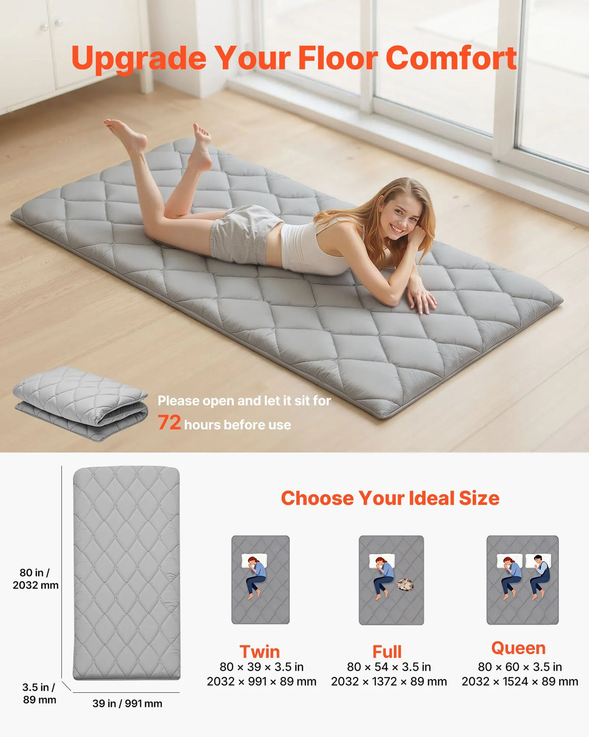 VEVOR salokāms japāņu tatami futona matracis Twin izmērs 2032 x 991 x 89 mm pelēkā krāsā ar uzglabāšanas somu un stiprinājumiem, 9 slāņu grīdas matracis gulēšanai, meditācijai un jogai - ZEMLETES.LV