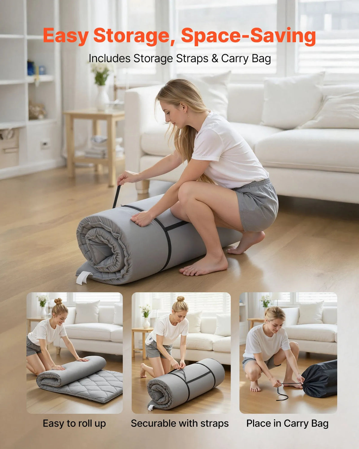 VEVOR salokāms japāņu tatami futona matracis Twin izmērs 2032 x 991 x 89 mm pelēkā krāsā ar uzglabāšanas somu un stiprinājumiem, 9 slāņu grīdas matracis gulēšanai, meditācijai un jogai - ZEMLETES.LV