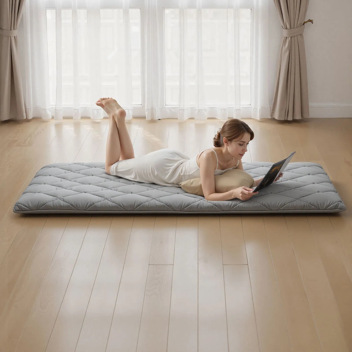 VEVOR salokāms japāņu tatami futona matracis Twin izmērs 2032 x 991 x 89 mm pelēkā krāsā ar uzglabāšanas somu un stiprinājumiem, 9 slāņu grīdas matracis gulēšanai, meditācijai un jogai - ZEMLETES.LV