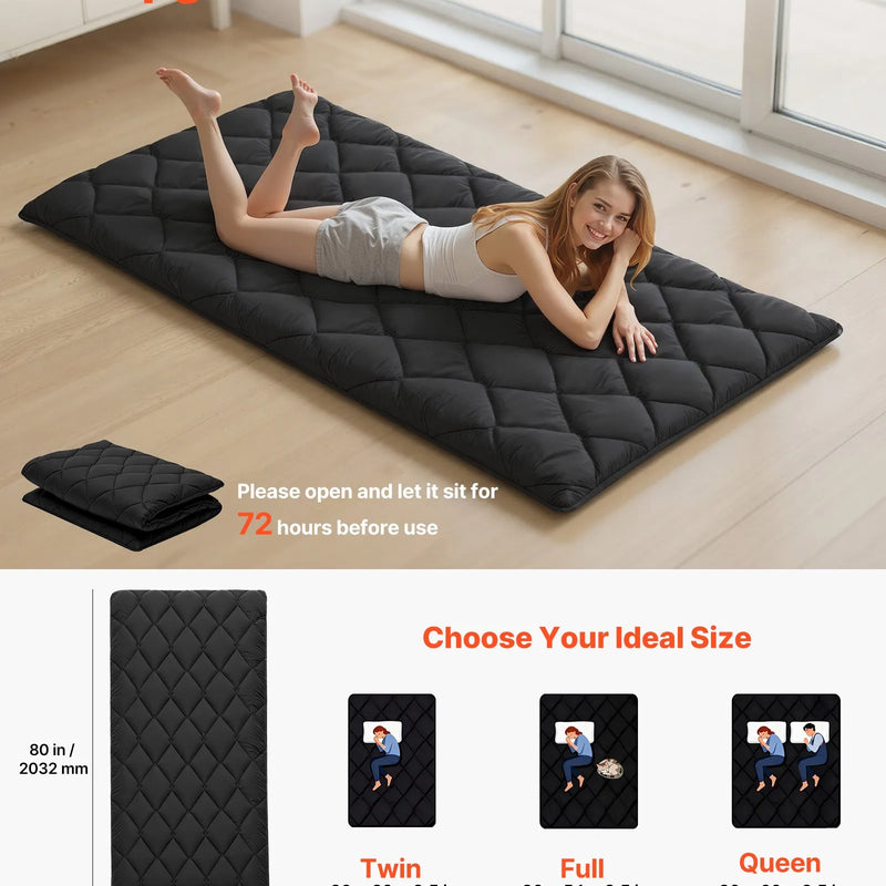 VEVOR japāņu tatami matracis 2032 × 991 × 89 mm, salokāms futona matracis ar uzglabāšanas somu un stiprinājumu, 9 slāņu grīdas matracis gulēšanai, kopmītnei, meditācijai un jogai, melns - ZEMLETES.LV