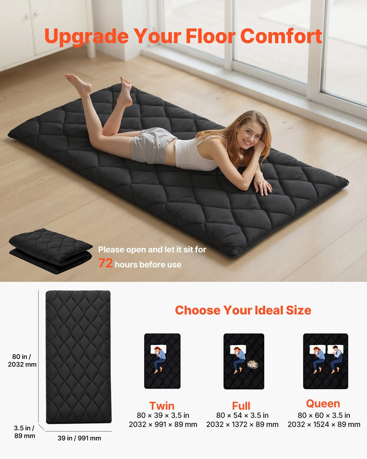 VEVOR japāņu tatami matracis 2032 × 991 × 89 mm, salokāms futona matracis ar uzglabāšanas somu un stiprinājumu, 9 slāņu grīdas matracis gulēšanai, kopmītnei, meditācijai un jogai, melns - ZEMLETES.LV