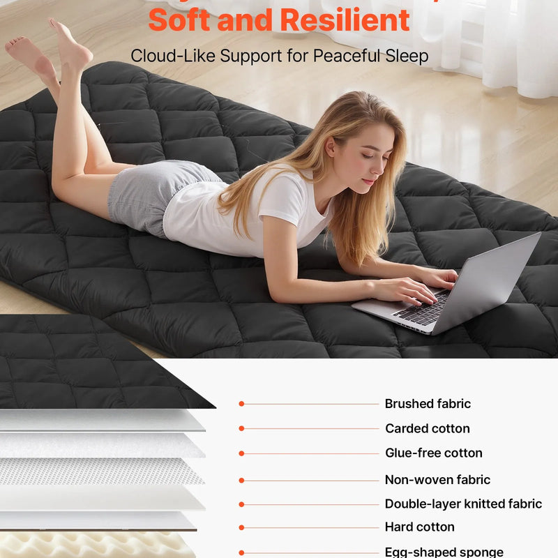 VEVOR japāņu tatami matracis 2032 × 991 × 89 mm, salokāms futona matracis ar uzglabāšanas somu un stiprinājumu, 9 slāņu grīdas matracis gulēšanai, kopmītnei, meditācijai un jogai, melns - ZEMLETES.LV