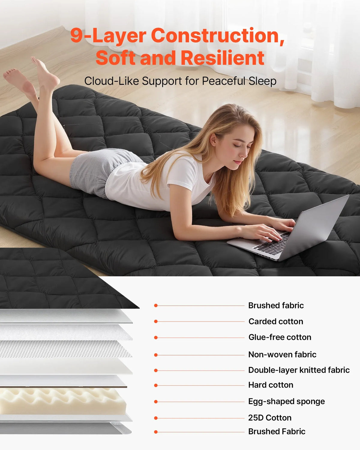 VEVOR japāņu tatami matracis 2032 × 991 × 89 mm, salokāms futona matracis ar uzglabāšanas somu un stiprinājumu, 9 slāņu grīdas matracis gulēšanai, kopmītnei, meditācijai un jogai, melns - ZEMLETES.LV