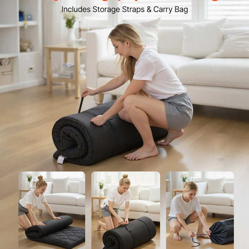 VEVOR japāņu tatami matracis 2032 × 991 × 89 mm, salokāms futona matracis ar uzglabāšanas somu un stiprinājumu, 9 slāņu grīdas matracis gulēšanai, kopmītnei, meditācijai un jogai, melns - ZEMLETES.LV