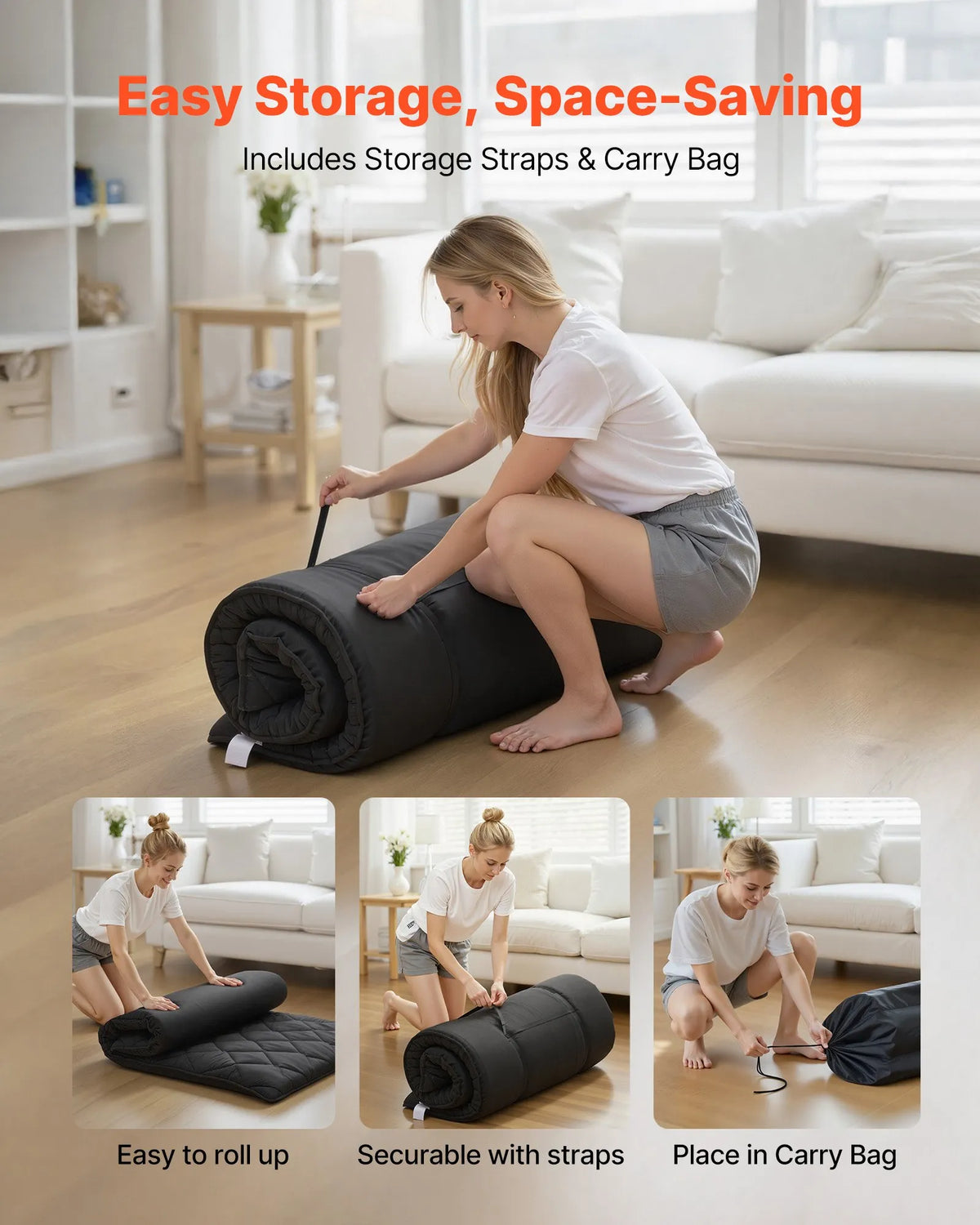 VEVOR japāņu tatami matracis 2032 × 991 × 89 mm, salokāms futona matracis ar uzglabāšanas somu un stiprinājumu, 9 slāņu grīdas matracis gulēšanai, kopmītnei, meditācijai un jogai, melns - ZEMLETES.LV