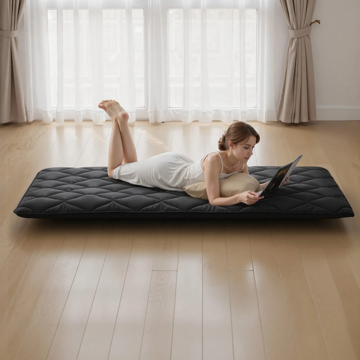 VEVOR japāņu tatami matracis 2032 × 991 × 89 mm, salokāms futona matracis ar uzglabāšanas somu un stiprinājumu, 9 slāņu grīdas matracis gulēšanai, kopmītnei, meditācijai un jogai, melns - ZEMLETES.LV