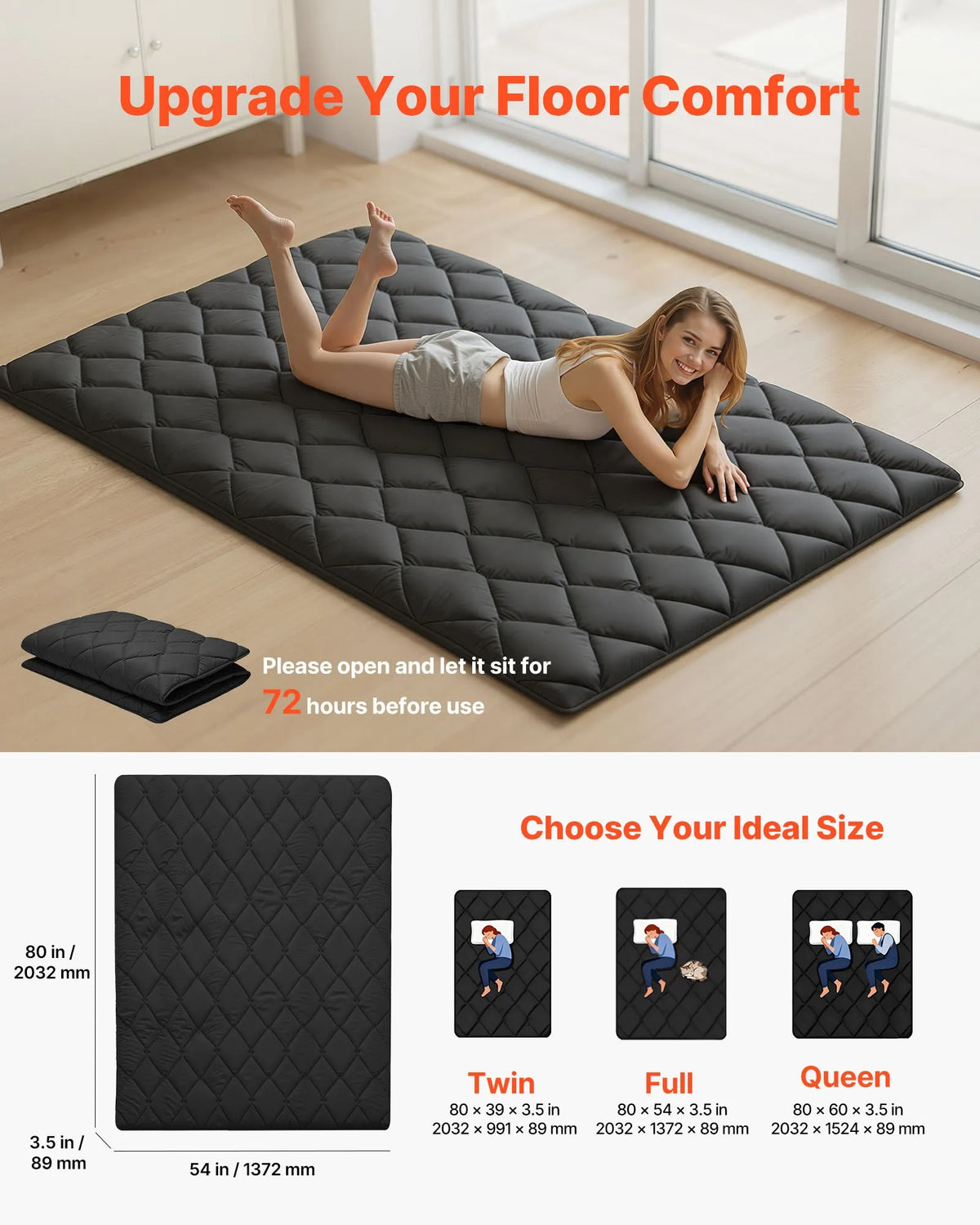 VEVOR salokāms japāņu tatami futona matracis Full izmērs 2032 x 1372 x 89 mm melnā krāsā ar uzglabāšanas somu un stiprinājumiem, 9 slāņu grīdas matracis gulēšanai, meditācijai un jogai - ZEMLETES.LV