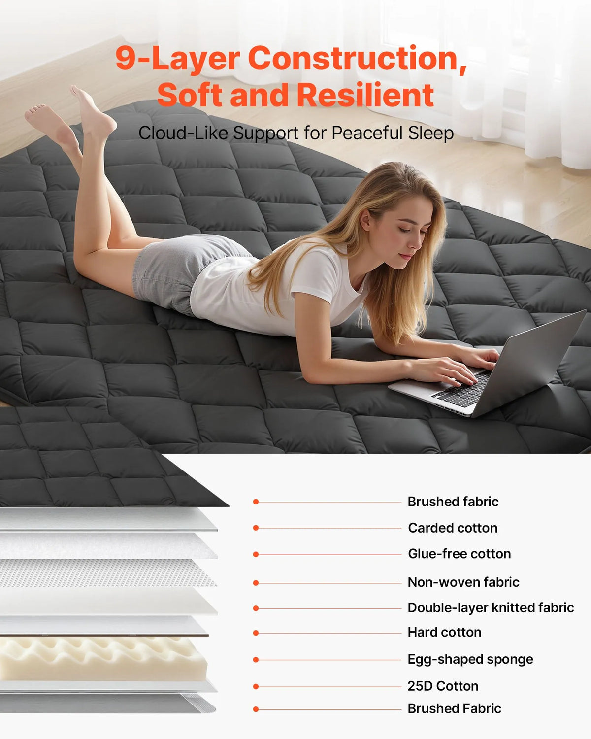 VEVOR salokāms japāņu tatami futona matracis Full izmērs 2032 x 1372 x 89 mm melnā krāsā ar uzglabāšanas somu un stiprinājumiem, 9 slāņu grīdas matracis gulēšanai, meditācijai un jogai - ZEMLETES.LV