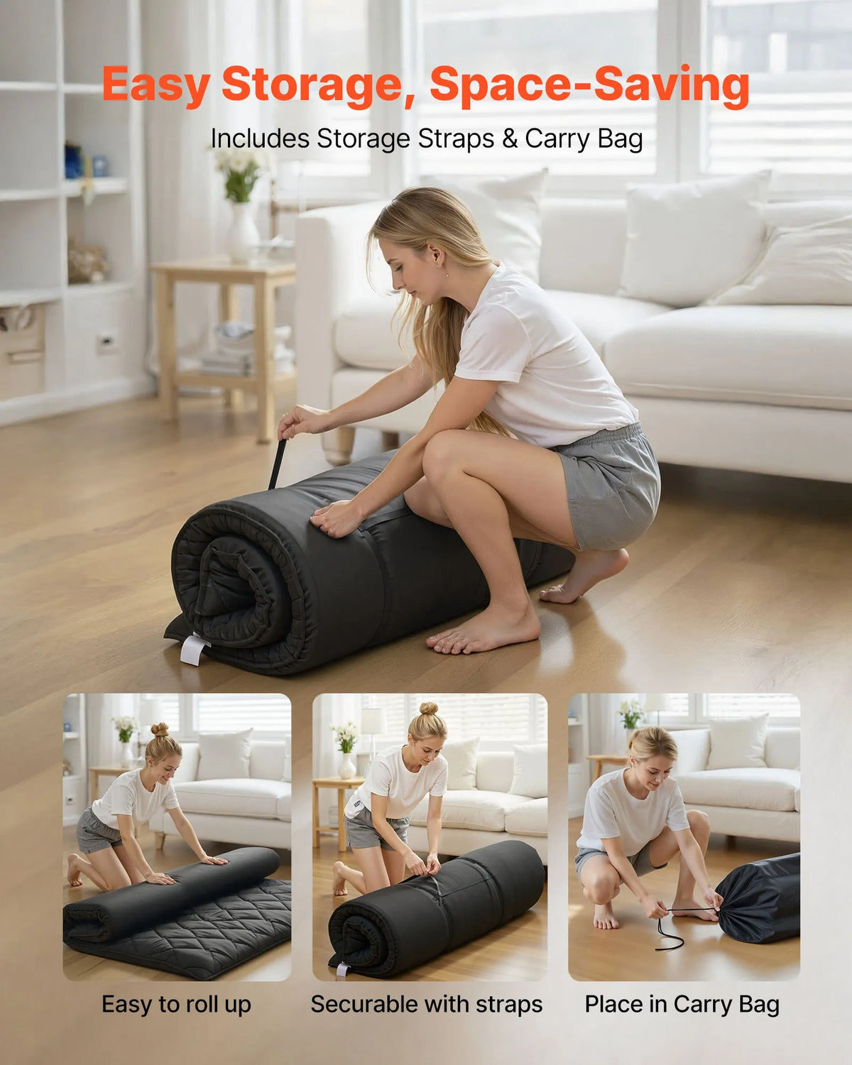 VEVOR salokāms japāņu tatami futona matracis Full izmērs 2032 x 1372 x 89 mm melnā krāsā ar uzglabāšanas somu un stiprinājumiem, 9 slāņu grīdas matracis gulēšanai, meditācijai un jogai - ZEMLETES.LV