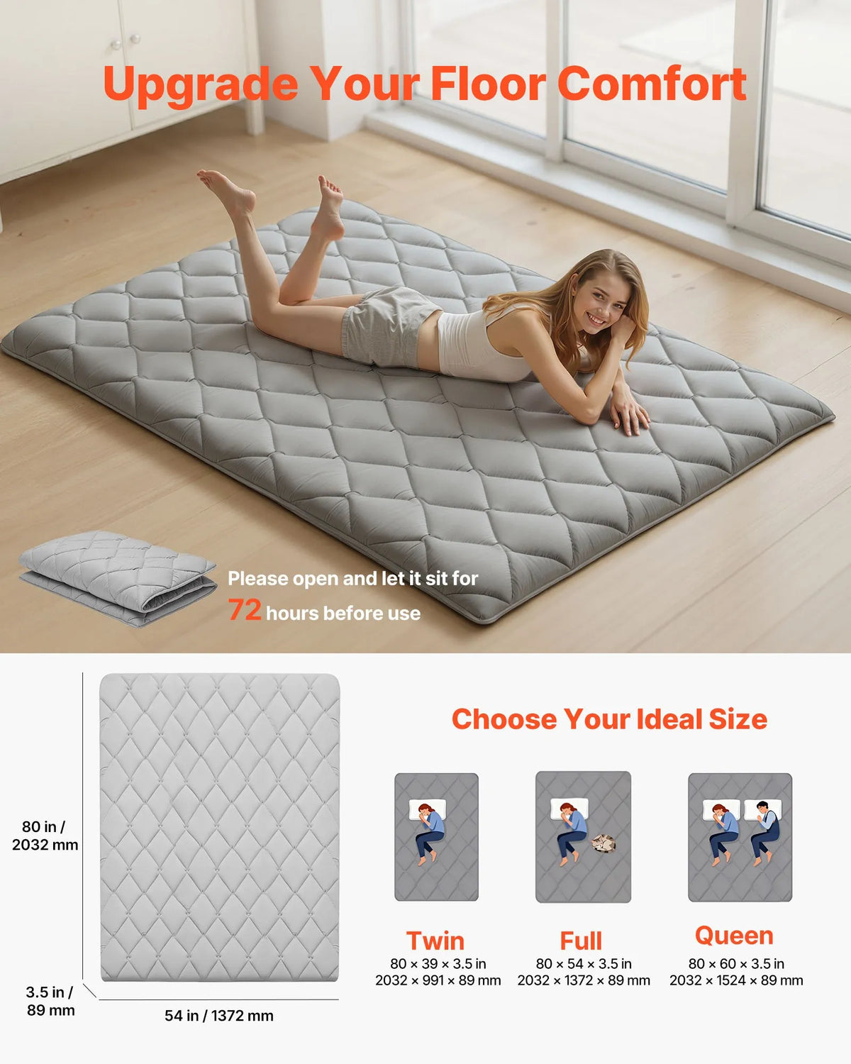 VEVOR salokāms japāņu tatami futona matracis Full izmērs 2032 x 1372 x 89 mm pelēkā krāsā ar uzglabāšanas somu un stiprinājumiem, 9 slāņu grīdas matracis gulēšanai, meditācijai un jogai - ZEMLETES.LV