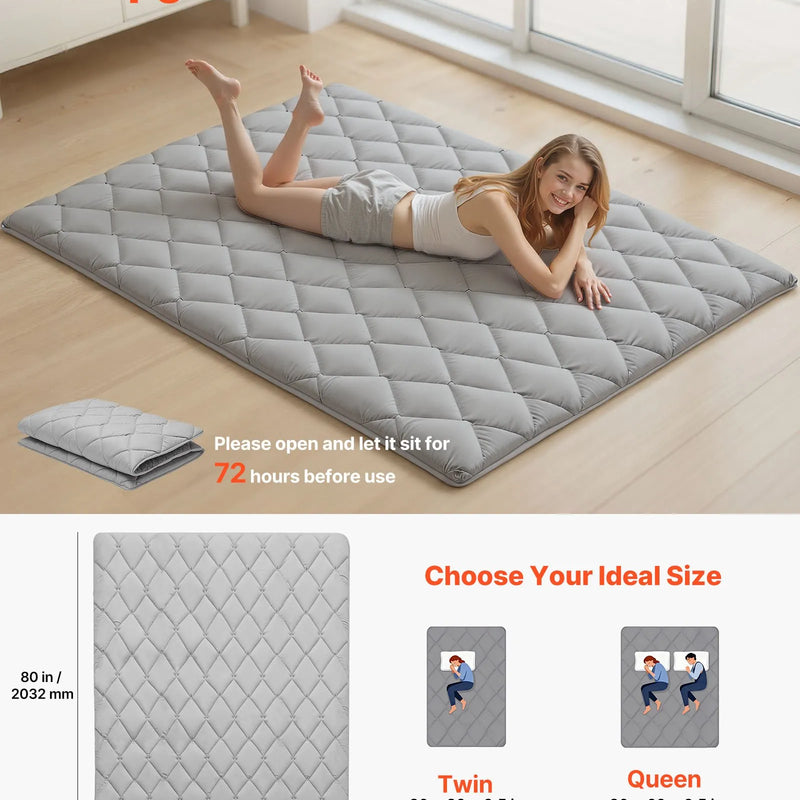 VEVOR salokāms japāņu tatami futona matracis Queen izmērs 2032 x 1524 x 63,5 mm pelēkā krāsā ar uzglabāšanas somu un stiprinājumiem, 9 slāņu grīdas matracis gulēšanai, meditācijai un jogai - ZEMLETES.LV