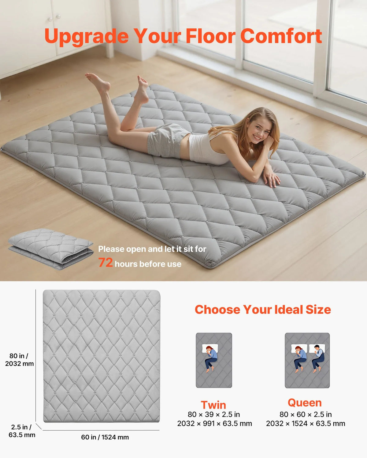 VEVOR salokāms japāņu tatami futona matracis Queen izmērs 2032 x 1524 x 63,5 mm pelēkā krāsā ar uzglabāšanas somu un stiprinājumiem, 9 slāņu grīdas matracis gulēšanai, meditācijai un jogai - ZEMLETES.LV