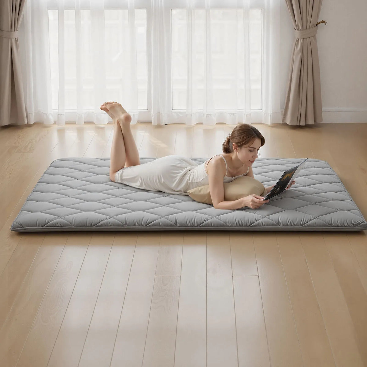 VEVOR salokāms japāņu tatami futona matracis Queen izmērs 2032 x 1524 x 63,5 mm pelēkā krāsā ar uzglabāšanas somu un stiprinājumiem, 9 slāņu grīdas matracis gulēšanai, meditācijai un jogai - ZEMLETES.LV