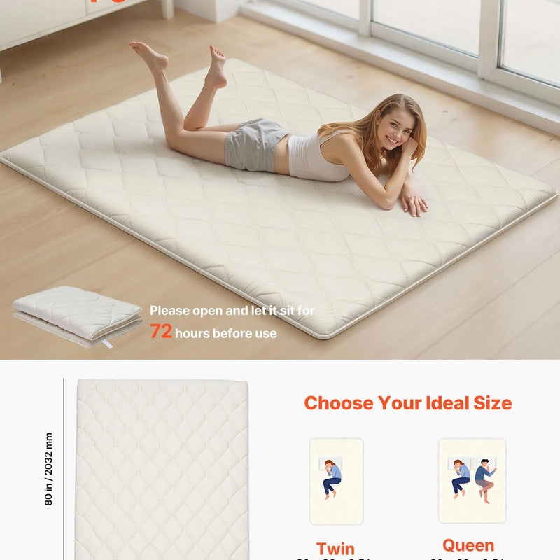 VEVOR japāņu tatami matracis 2032 × 1524 × 63,5 mm, salokāms futona matracis ar uzglabāšanas somu un stiprinājumu, 9 slāņu grīdas matracis gulēšanai, kopmītnei, meditācijai un jogai, balts - ZEMLETES.LV