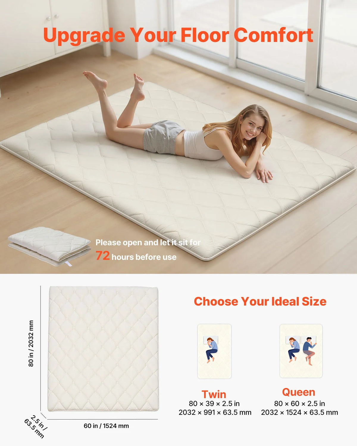 VEVOR japāņu tatami matracis 2032 × 1524 × 63,5 mm, salokāms futona matracis ar uzglabāšanas somu un stiprinājumu, 9 slāņu grīdas matracis gulēšanai, kopmītnei, meditācijai un jogai, balts - ZEMLETES.LV