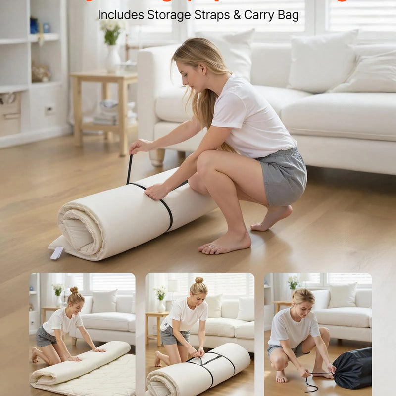 VEVOR japāņu tatami matracis 2032 × 1524 × 63,5 mm, salokāms futona matracis ar uzglabāšanas somu un stiprinājumu, 9 slāņu grīdas matracis gulēšanai, kopmītnei, meditācijai un jogai, balts - ZEMLETES.LV