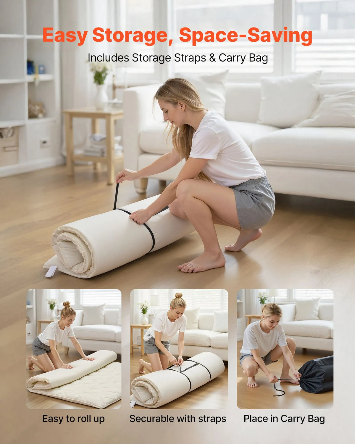 VEVOR japāņu tatami matracis 2032 × 1524 × 63,5 mm, salokāms futona matracis ar uzglabāšanas somu un stiprinājumu, 9 slāņu grīdas matracis gulēšanai, kopmītnei, meditācijai un jogai, balts - ZEMLETES.LV