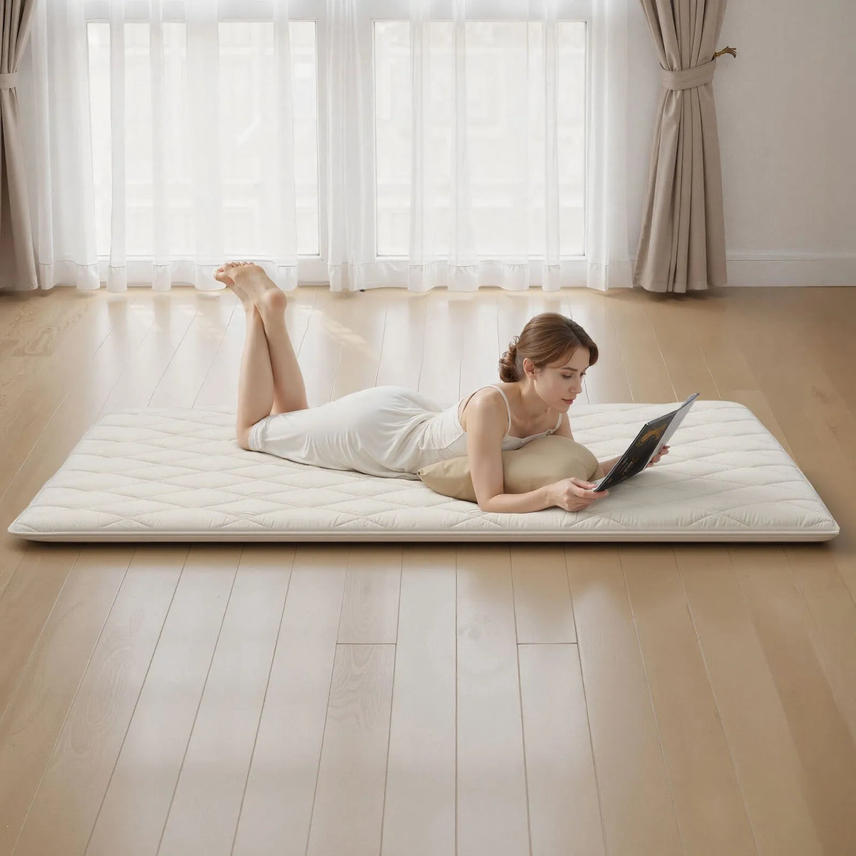 VEVOR japāņu tatami matracis 2032 × 1524 × 63,5 mm, salokāms futona matracis ar uzglabāšanas somu un stiprinājumu, 9 slāņu grīdas matracis gulēšanai, kopmītnei, meditācijai un jogai, balts - ZEMLETES.LV