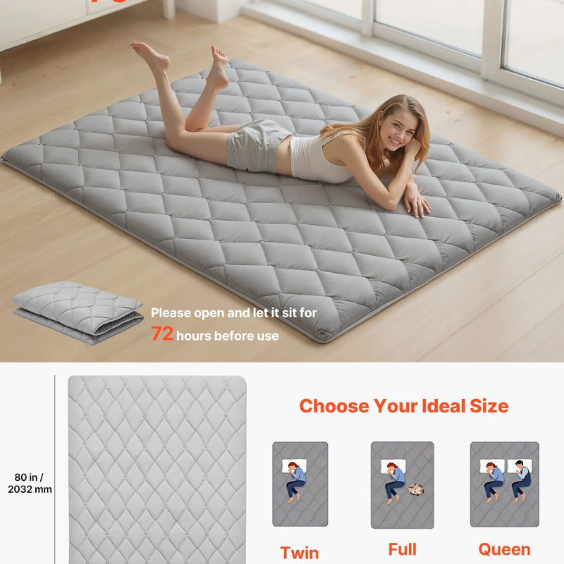 VEVOR salokāms japāņu tatami futona matracis Queen izmērs 2032 x 1524 x 89 mm pelēkā krāsā ar uzglabāšanas somu un stiprinājumiem, 9 slāņu grīdas matracis gulēšanai, meditācijai un jogai - ZEMLETES.LV