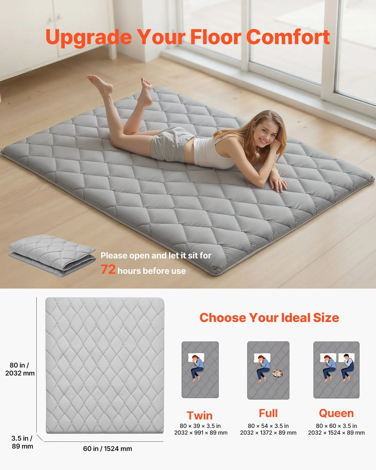 VEVOR salokāms japāņu tatami futona matracis Queen izmērs 2032 x 1524 x 89 mm pelēkā krāsā ar uzglabāšanas somu un stiprinājumiem, 9 slāņu grīdas matracis gulēšanai, meditācijai un jogai - ZEMLETES.LV
