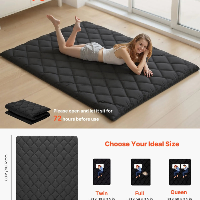 VEVOR japāņu tatami matracis 2032 × 1524 × 89 mm, salokāms futona matracis ar uzglabāšanas somu un stiprinājumu, 9 slāņu grīdas matracis gulēšanai, kopmītnei, meditācijai un jogai, melns - ZEMLETES.LV