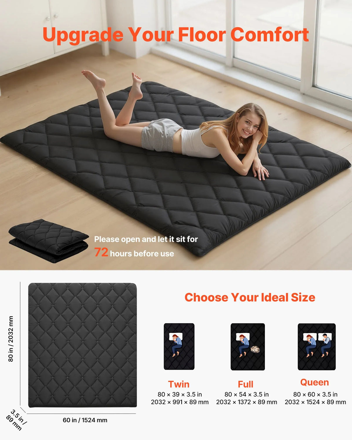 VEVOR japāņu tatami matracis 2032 × 1524 × 89 mm, salokāms futona matracis ar uzglabāšanas somu un stiprinājumu, 9 slāņu grīdas matracis gulēšanai, kopmītnei, meditācijai un jogai, melns - ZEMLETES.LV