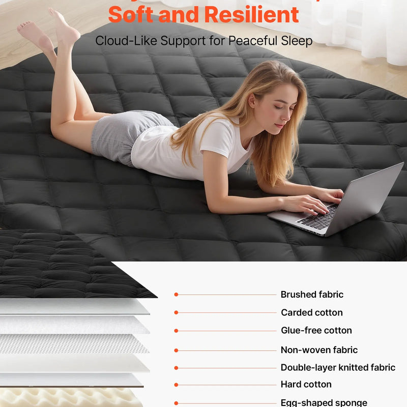 VEVOR japāņu tatami matracis 2032 × 1524 × 89 mm, salokāms futona matracis ar uzglabāšanas somu un stiprinājumu, 9 slāņu grīdas matracis gulēšanai, kopmītnei, meditācijai un jogai, melns - ZEMLETES.LV