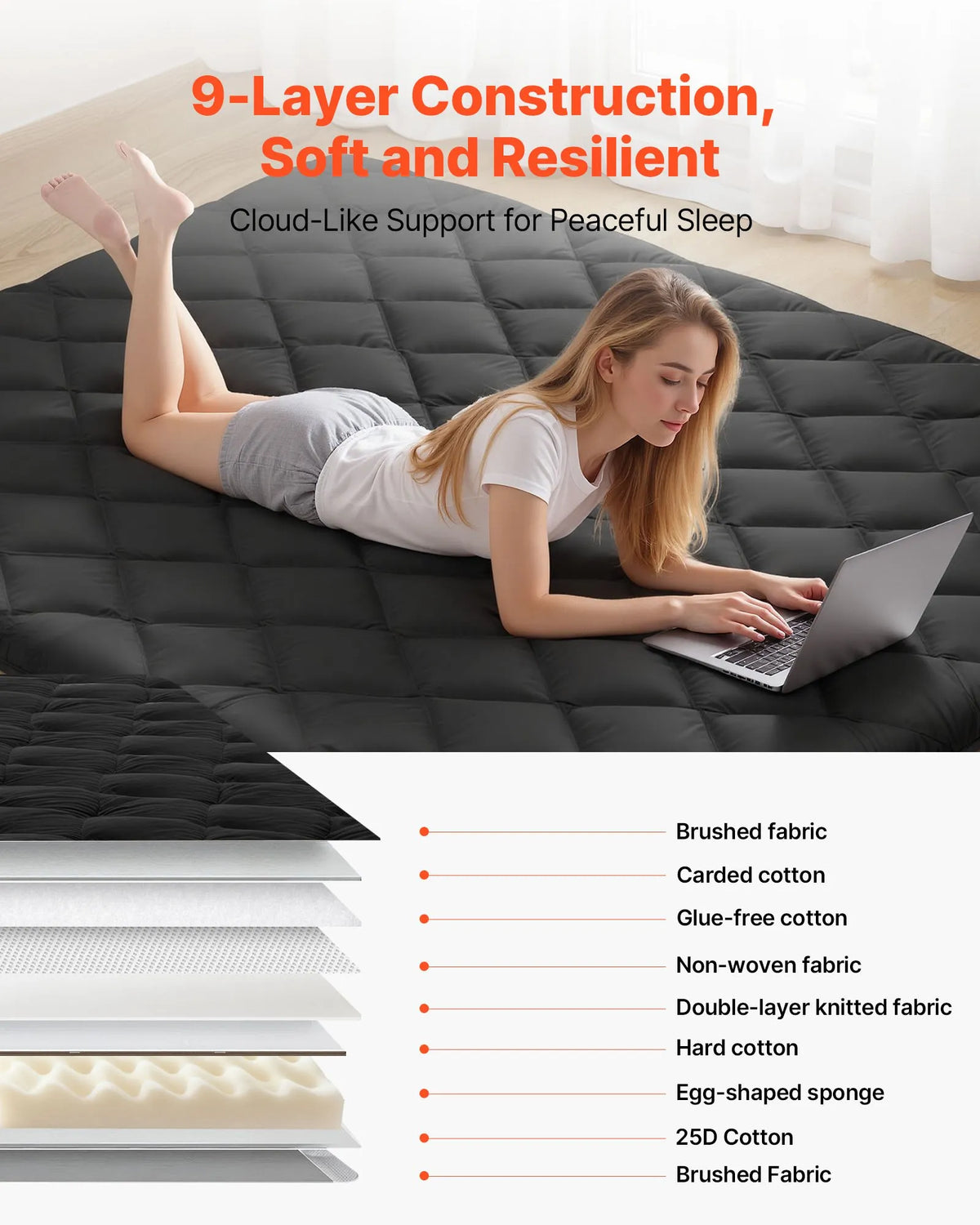 VEVOR japāņu tatami matracis 2032 × 1524 × 89 mm, salokāms futona matracis ar uzglabāšanas somu un stiprinājumu, 9 slāņu grīdas matracis gulēšanai, kopmītnei, meditācijai un jogai, melns - ZEMLETES.LV