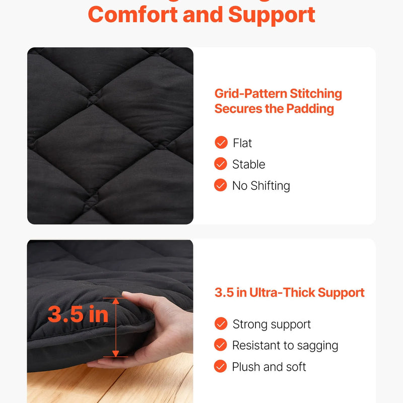 VEVOR japāņu tatami matracis 2032 × 1524 × 89 mm, salokāms futona matracis ar uzglabāšanas somu un stiprinājumu, 9 slāņu grīdas matracis gulēšanai, kopmītnei, meditācijai un jogai, melns - ZEMLETES.LV