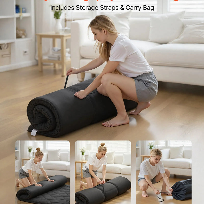 VEVOR japāņu tatami matracis 2032 × 1524 × 89 mm, salokāms futona matracis ar uzglabāšanas somu un stiprinājumu, 9 slāņu grīdas matracis gulēšanai, kopmītnei, meditācijai un jogai, melns - ZEMLETES.LV