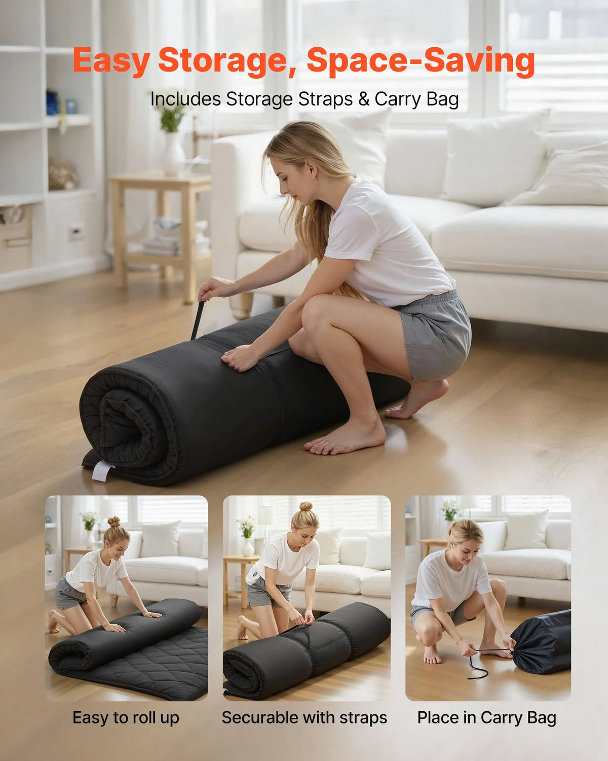 VEVOR japāņu tatami matracis 2032 × 1524 × 89 mm, salokāms futona matracis ar uzglabāšanas somu un stiprinājumu, 9 slāņu grīdas matracis gulēšanai, kopmītnei, meditācijai un jogai, melns - ZEMLETES.LV