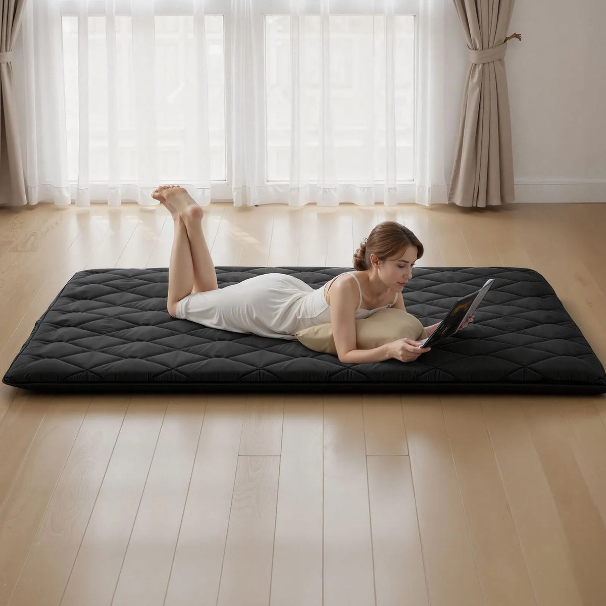 VEVOR japāņu tatami matracis 2032 × 1524 × 89 mm, salokāms futona matracis ar uzglabāšanas somu un stiprinājumu, 9 slāņu grīdas matracis gulēšanai, kopmītnei, meditācijai un jogai, melns - ZEMLETES.LV