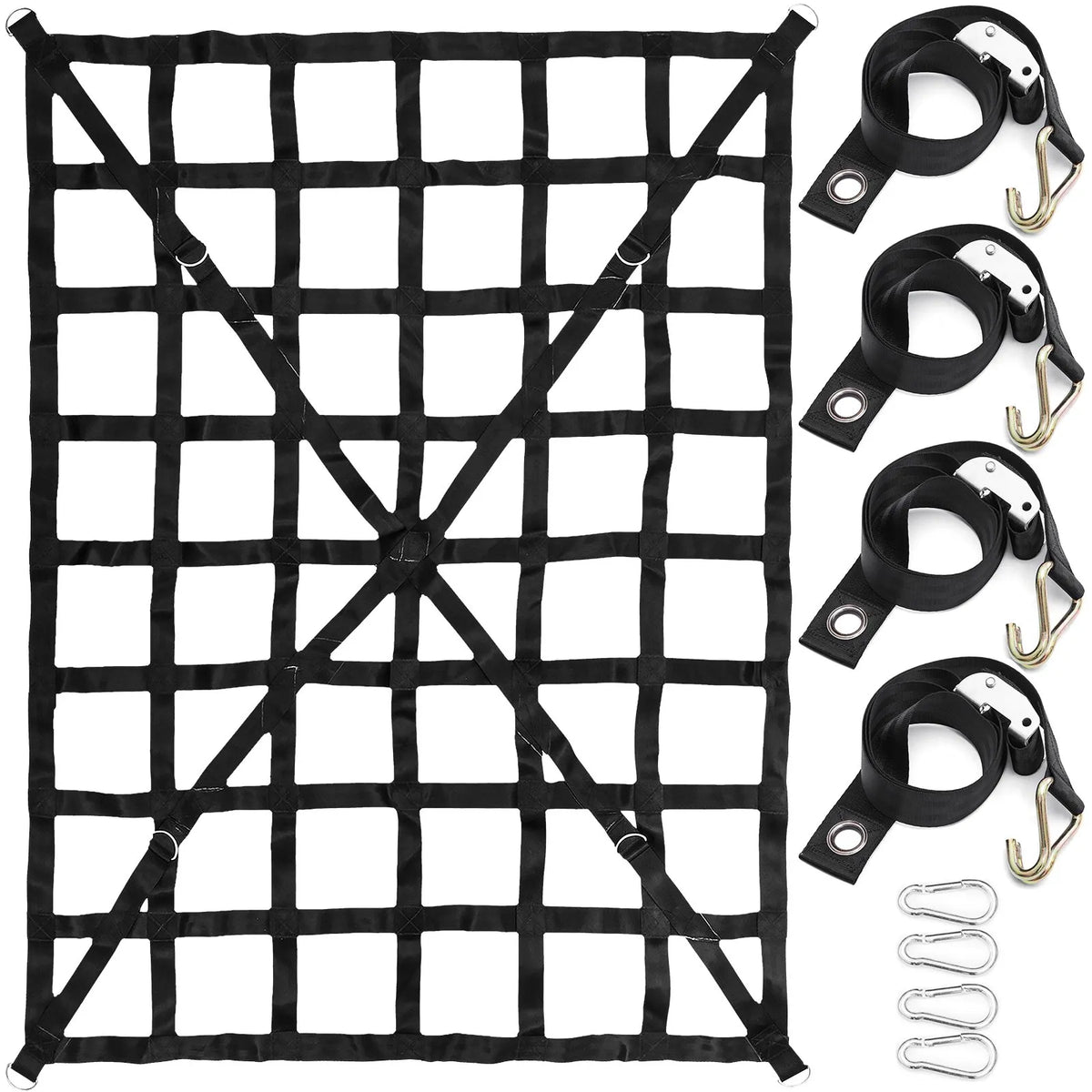 Cargo compartment net with cross strap reinforcement and D-ring hooks