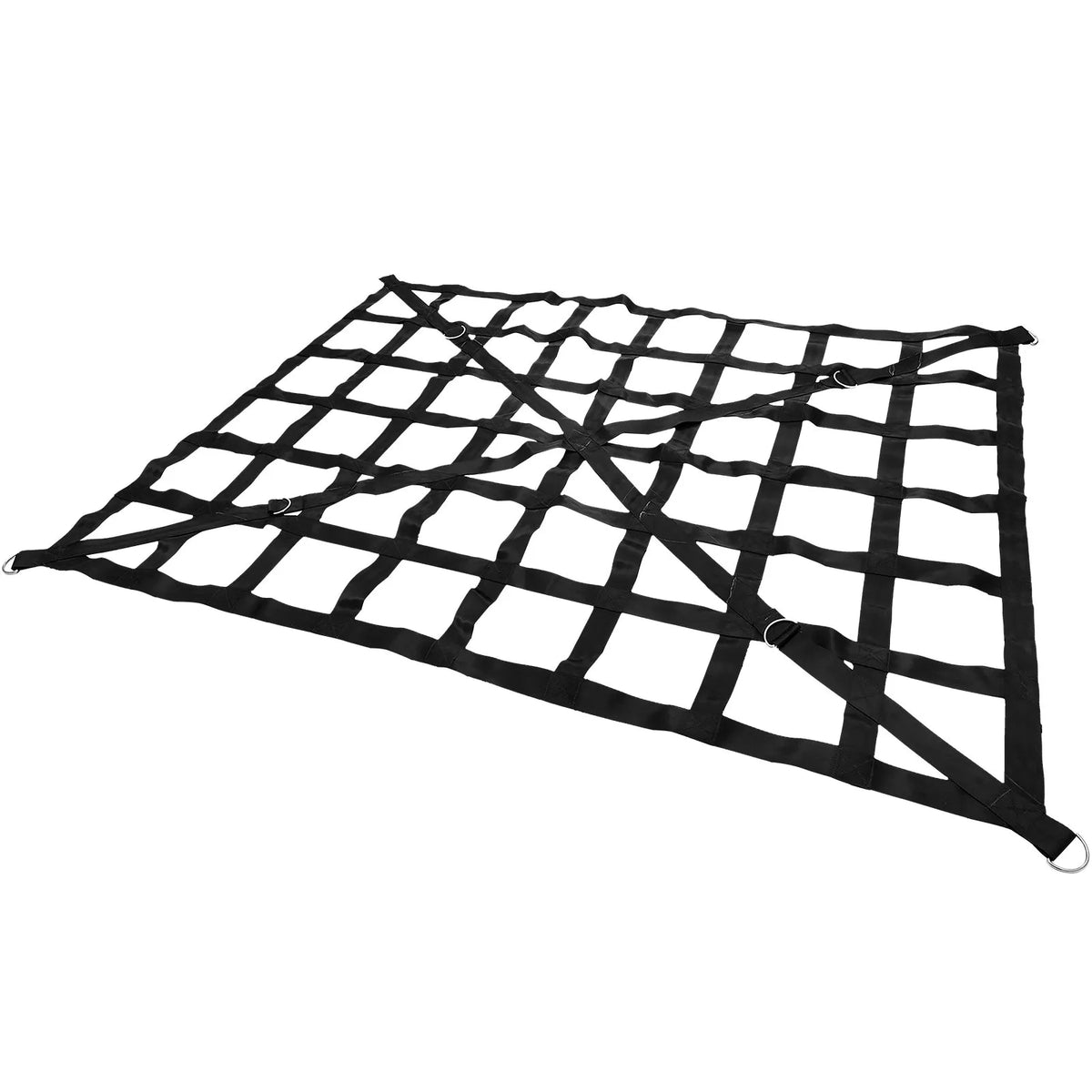 Cargo compartment net with cross strap reinforcement and D-ring hooks