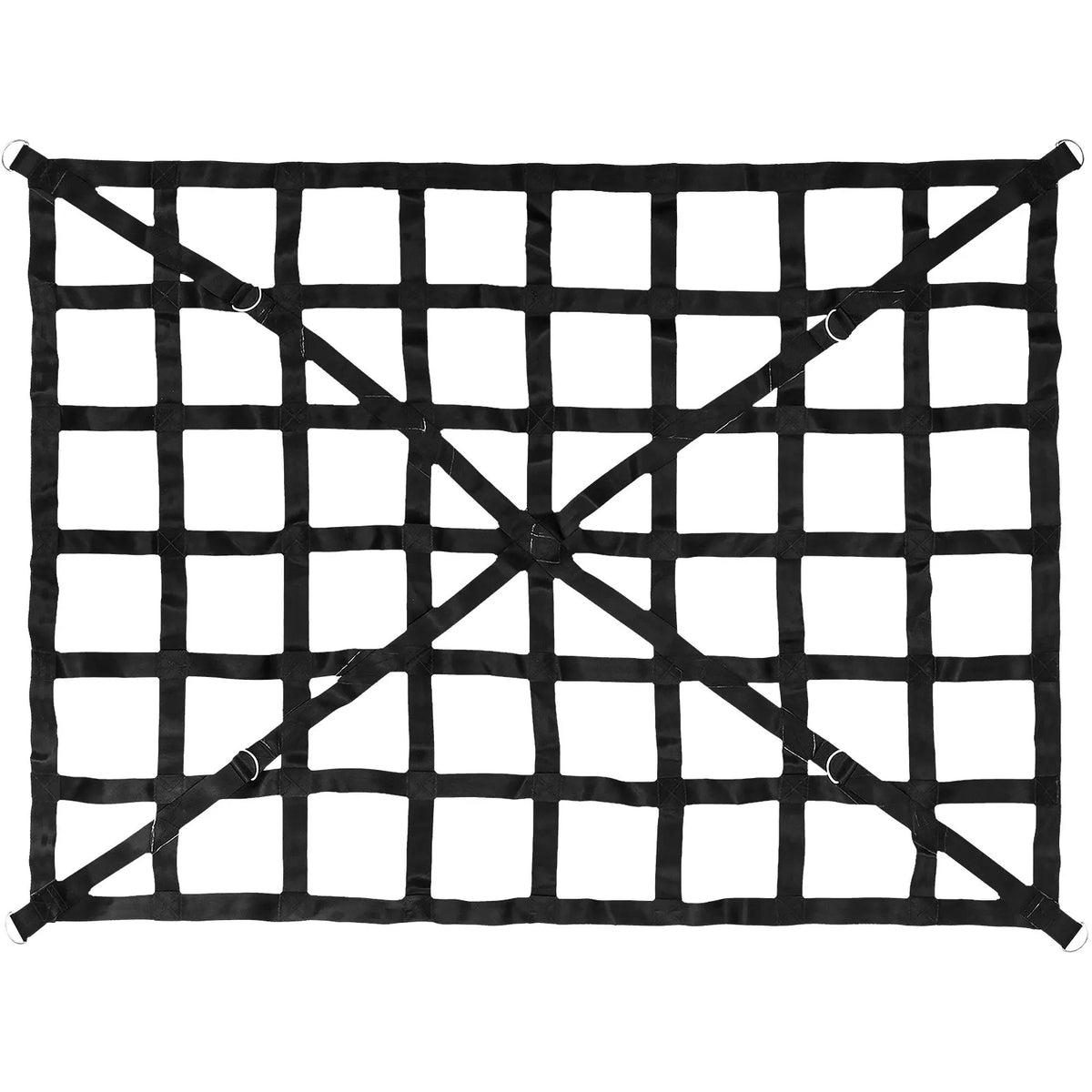 Cargo compartment net with cross strap reinforcement and D-ring hooks
