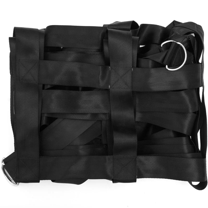 Kravas nodalījuma tīkls ar krustenisku siksnu pastiprinājumu un D-gredzenu āķiem