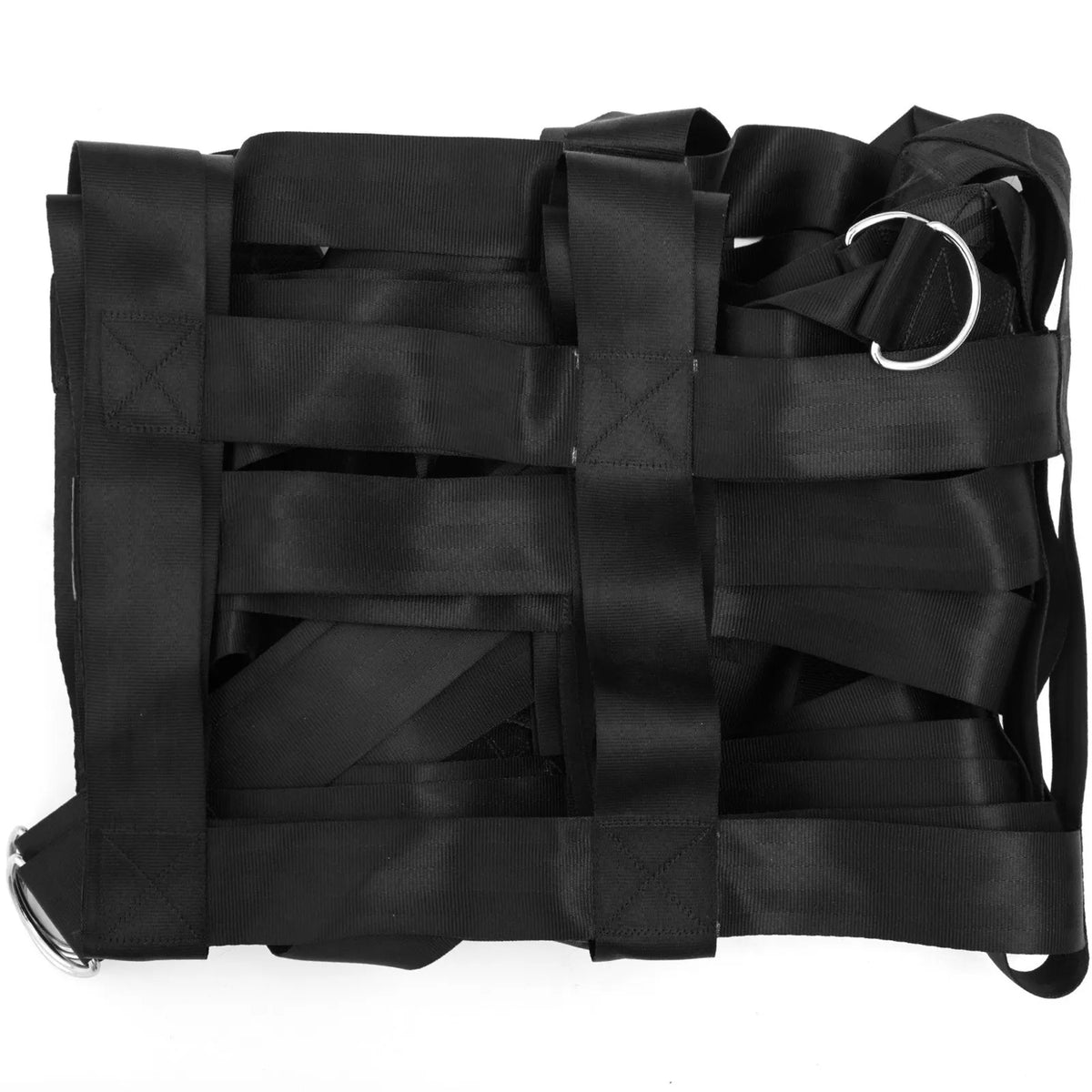 Cargo compartment net with cross strap reinforcement and D-ring hooks