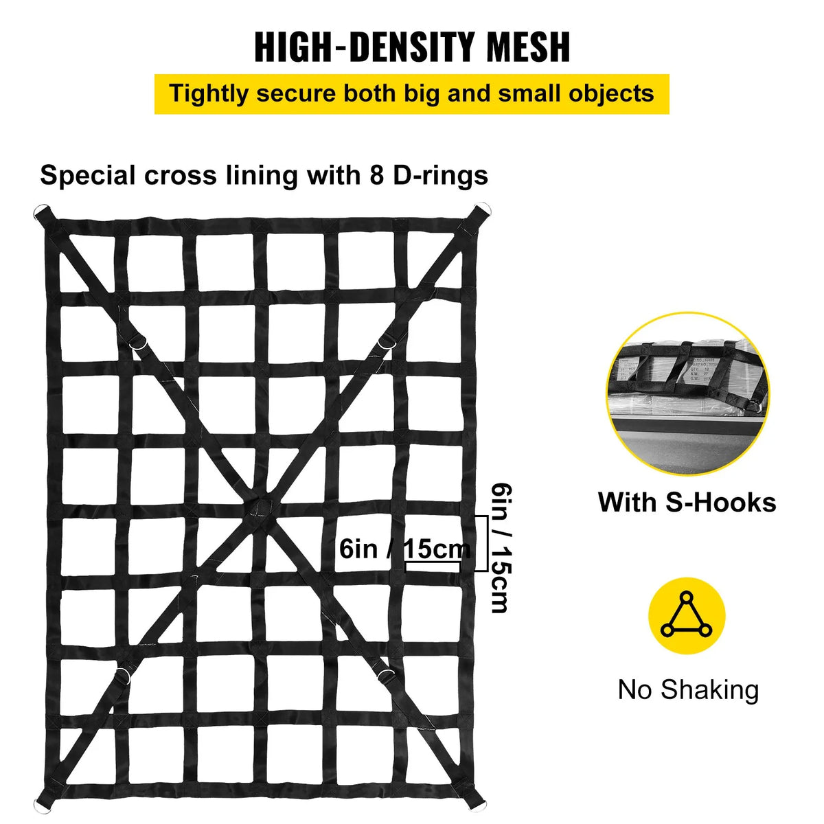 Cargo compartment net with cross strap reinforcement and D-ring hooks
