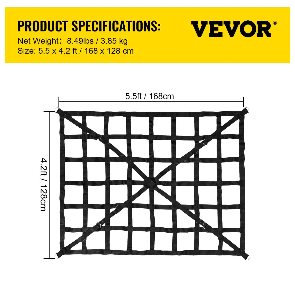 Cargo compartment net with cross strap reinforcement and D-ring hooks